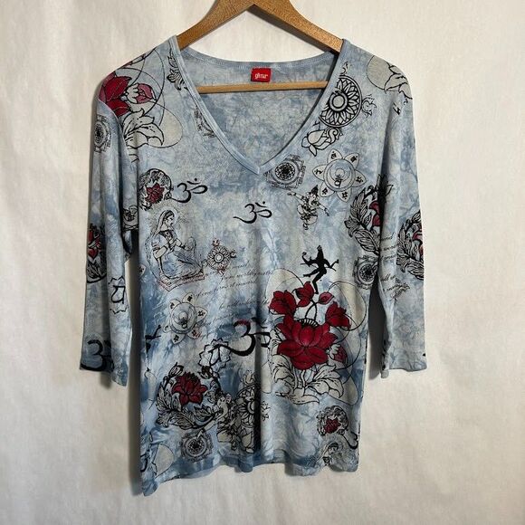 Glima Top Womens L Blue Om Lotus Flower Hippie V Neck 3/4 Sleeve Cotton - Picture 2 of 8